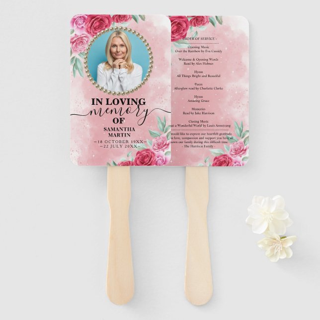 Memorial Rosy Floral Celebration of Life Hand Fan (Front and Back)