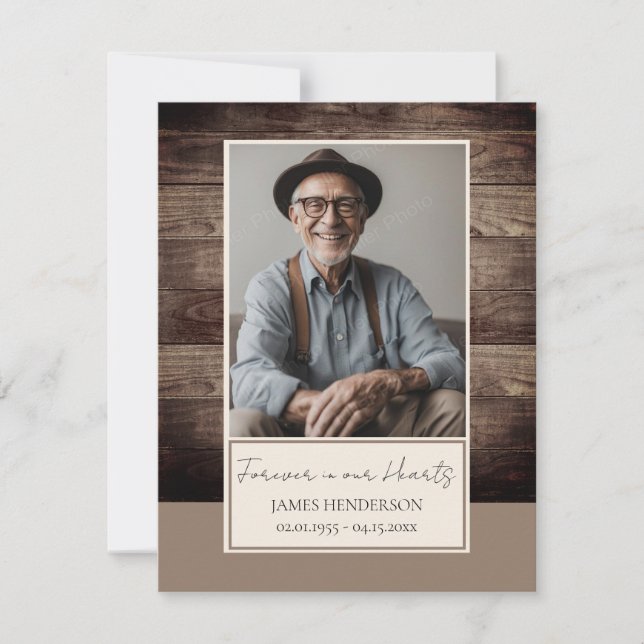 Memorial Rusitc Wood Photo Funeral Keepsake Invitation (Front)