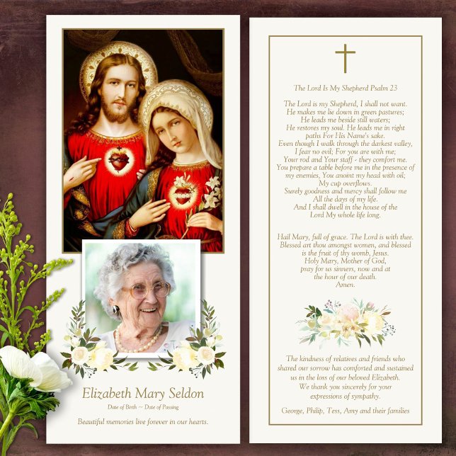 Memorial Sacred Hearts Funeral Thank You Card (Catholic, Religious, Celebration of Life, In Loving Memory of, Forever in our hearts, funeral cards)