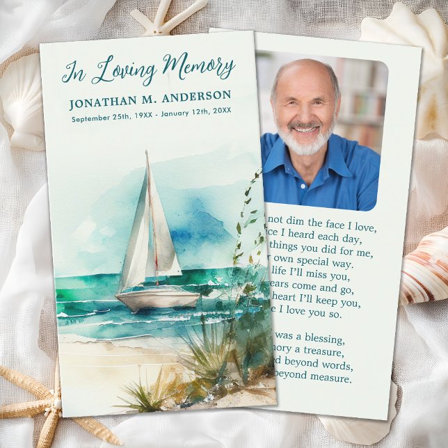 Memorial Sailboat Modern Photo Funeral Prayer Card (Creator Uploaded)