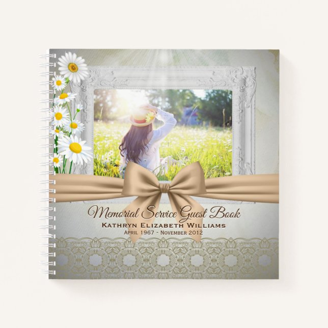 Memorial Service Beige Bow Daisies Photo Guestbook Notebook (Front)