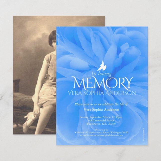 Memorial service blue rose funeral invitations (Front/Back)