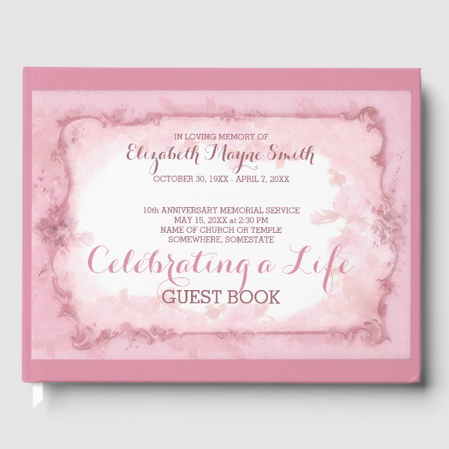 Memorial Service Celebrating a Life Pink Roses Guest Book (Front)