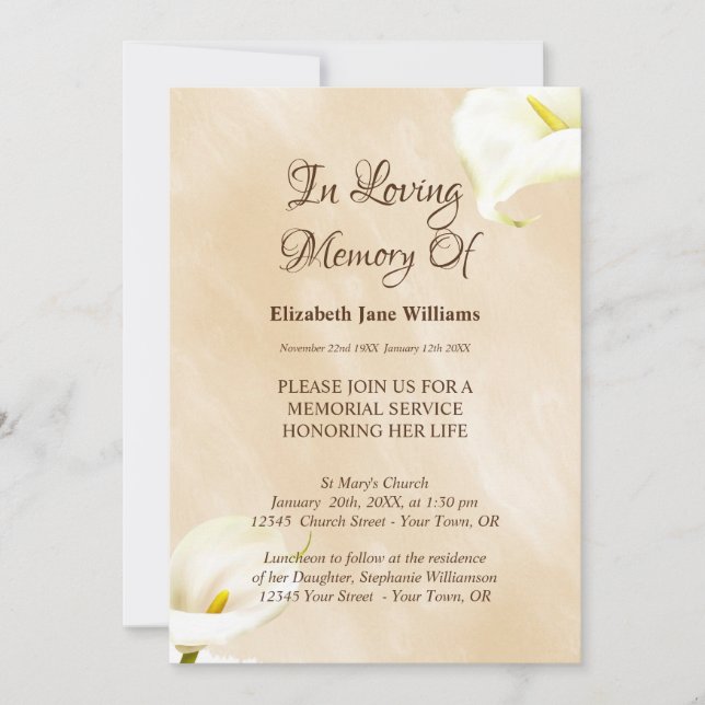 Memorial Service Celebration of Life | Lily Invitation (Front)