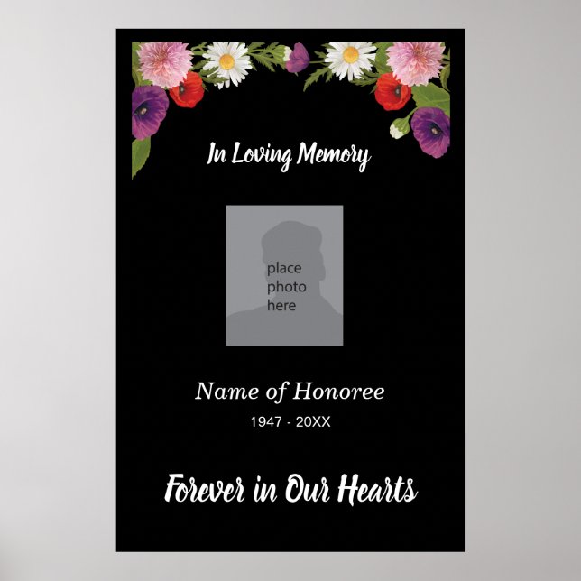 Memorial service elegant floral border and photo poster (Front)