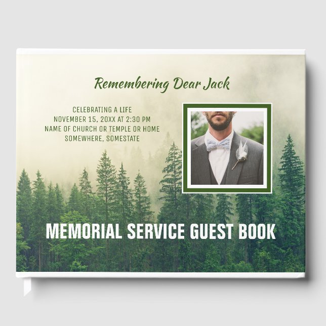 Memorial Service Foggy Forest Trees Add Your Photo Guest Book (Front)