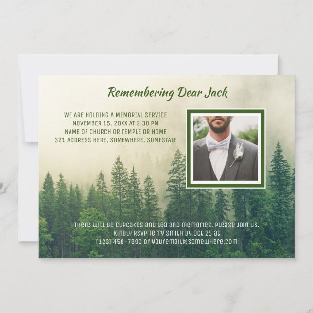 Memorial Service Foggy Forest Trees Add Your Photo Invitation (Back)