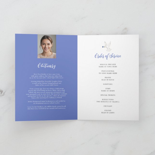 Memorial service funeral dove blue rose photo programme (Inside)