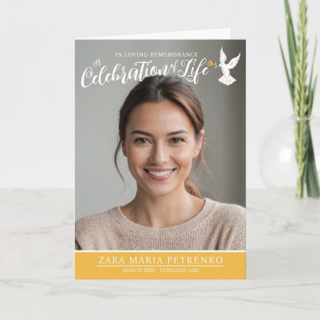 Memorial service funeral dove warm yellow photo programme (Front)