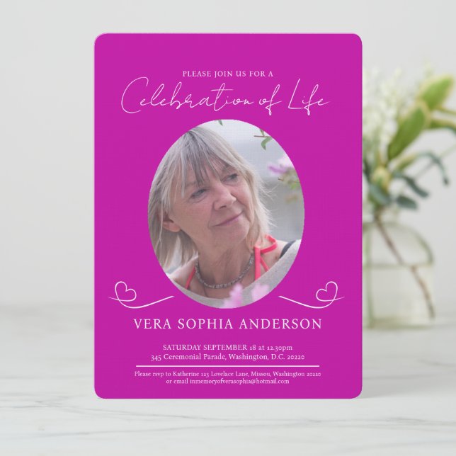 Memorial service funeral heart oval photo pink invitation (Standing Front)