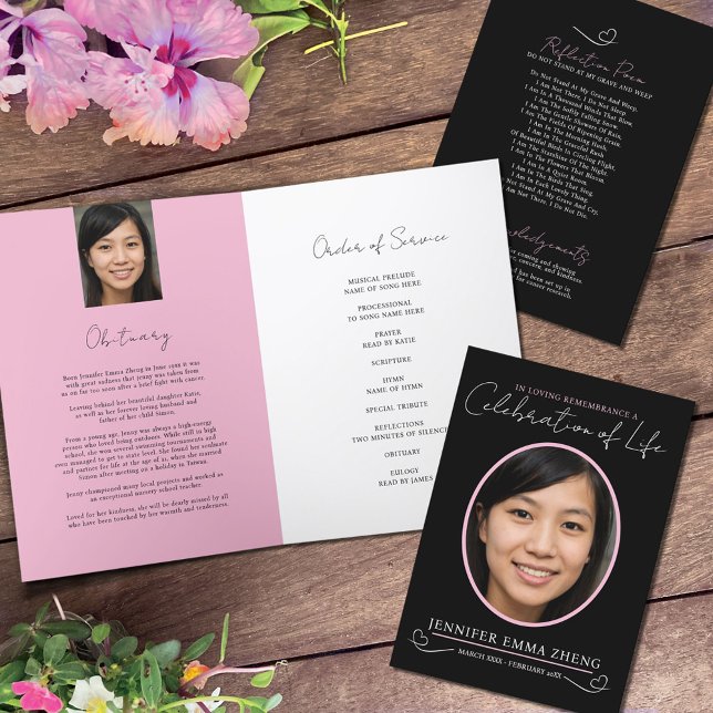 Memorial service funeral heart photo pink black programme (Creator Uploaded)