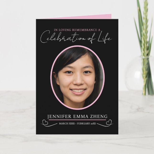 Memorial service funeral oval photo pink black programme (Front)