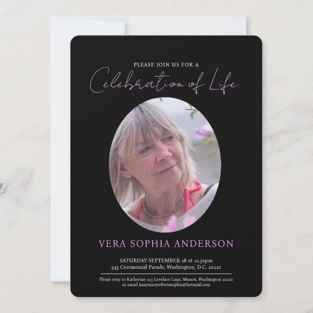 Memorial service heart oval photo black white invitation (Front)