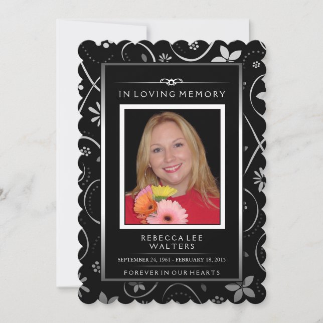 Memorial Service Invitation - Black & White Floral (Front)