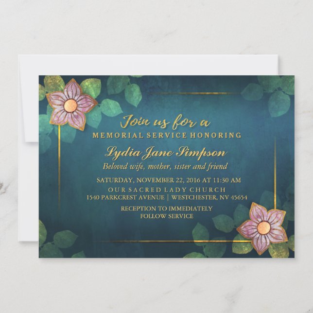Memorial Service Invitation Turquoise Gold Floral (Back)