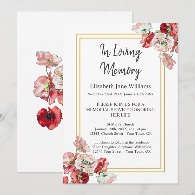 Memorial Service  Invitations | Watercolor Poppies (Front/Back)