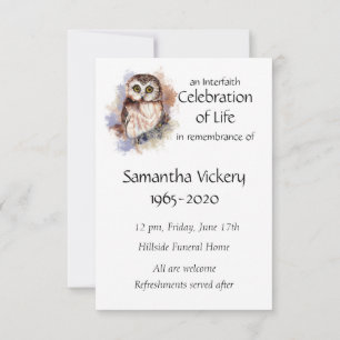 Memorial Service Invite Cute Owl Bird
