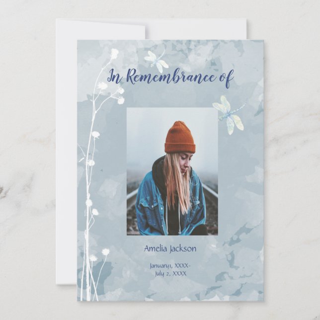 Memorial Service Invite Dragonfly White Flowers (Front)