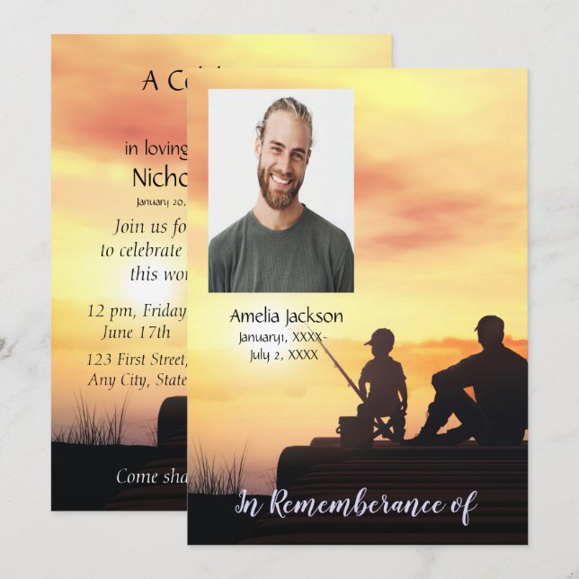 Memorial Service Invite Father Son Fishing Fish (Front/Back)