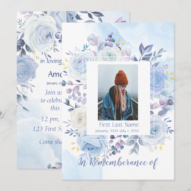 Memorial Service Invite Hummingbird Blue Roses  (Front/Back)