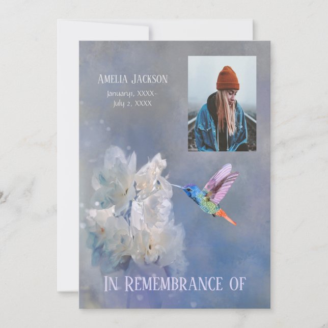 Memorial Service Invite Hummingbird  White Flowers (Front)