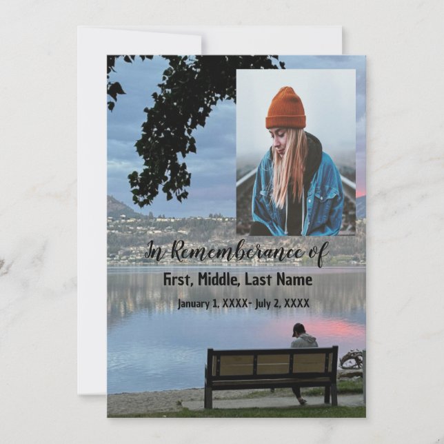 Memorial Service Invite Park Bench Lake Mountains (Front)