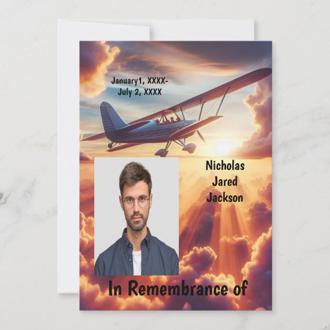 Memorial Service Invite Pilot Aeroplane Flying Sun (Front)