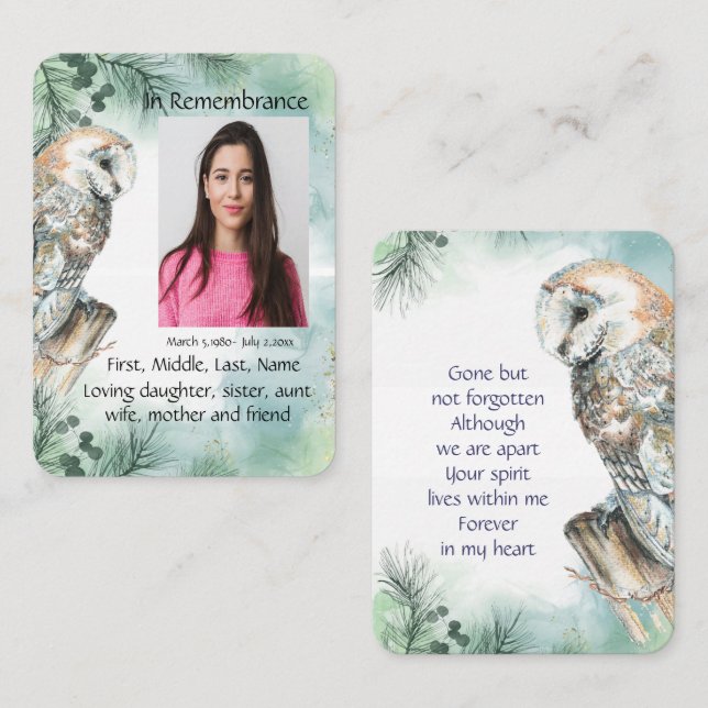 Memorial Service Invite Watercolor Barn Owl (Front/Back)