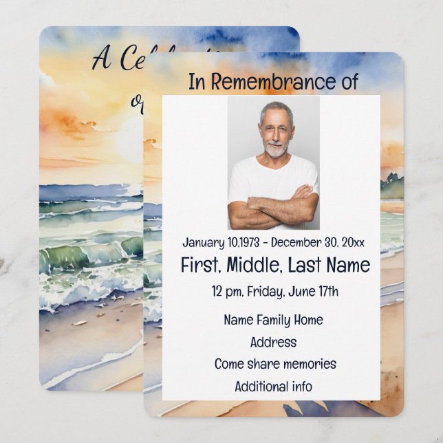 Memorial Service Invite Watercolor Beach Paradise  (Front/Back)