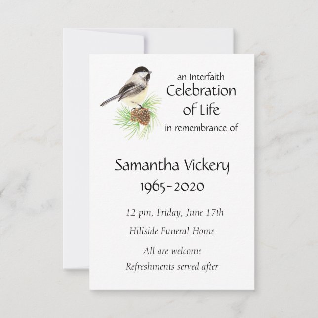 Memorial Service Invite Watercolor Chickadee (Back)