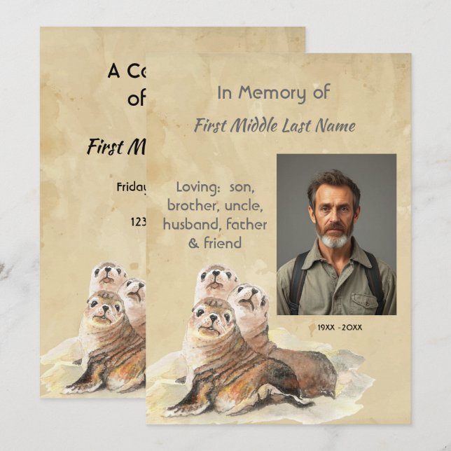 Memorial Service Invite Watercolor Seals Animals (Front/Back)