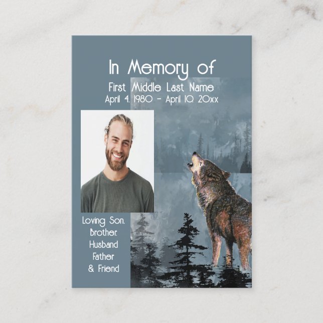 Memorial Service Keepsake Howling Wolf Business Card (Front)