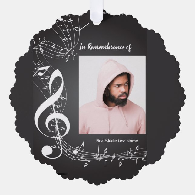 Memorial Service Keepsake Music Notes background Tree Decoration Card (Front)