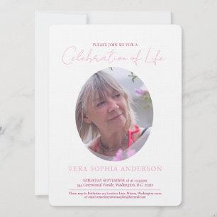 Memorial service oval photo and pink invitation
