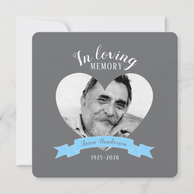 Memorial service photo blue ribbon funeral invites (Front)