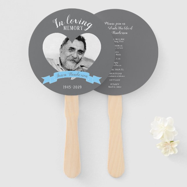 Memorial service photo blue ribbon program fans (Front and Back)