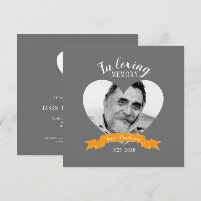 Memorial service photo heart orange ribbon invites (Front/Back)