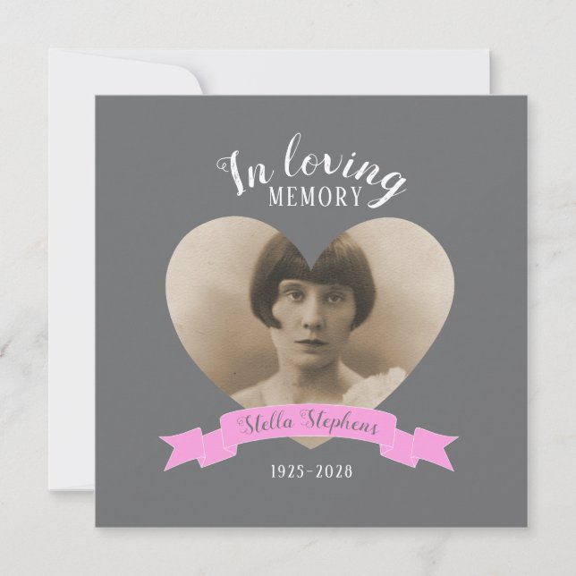 Memorial service photo pink ribbon funeral invites (Front)