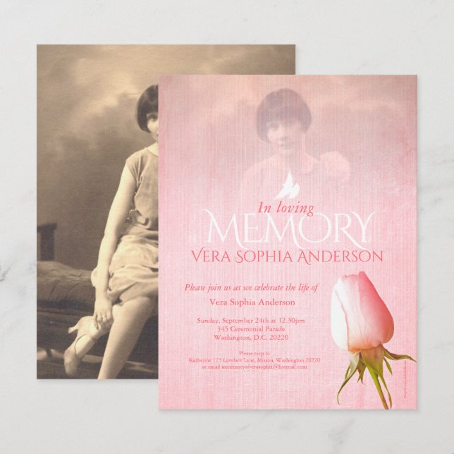 Memorial service photo pink rose funeral invites (Front/Back)