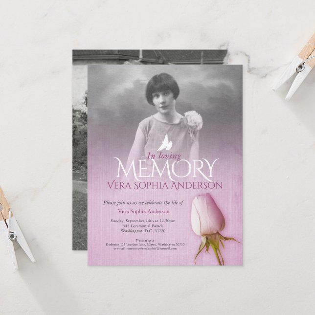 Memorial service photo purple rose funeral invitation (Front/Back In Situ)