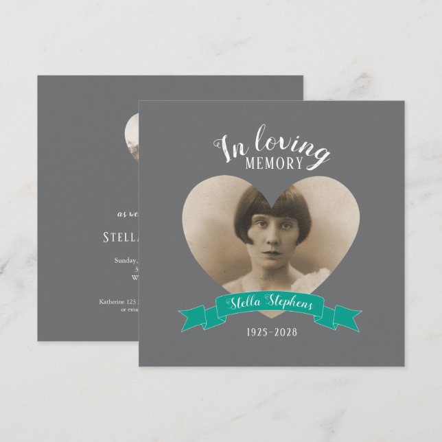 Memorial service photo teal ribbon funeral invites (Front/Back)