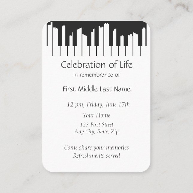 Memorial Service Piano Musician Cityscape  Business Card (Back)