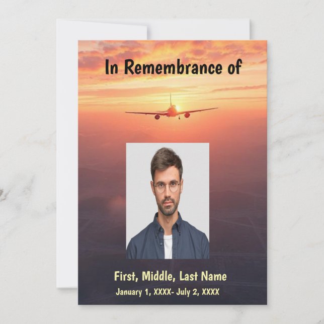Memorial Service Pilot Aeroplane Flying Sunset Invitation (Front)