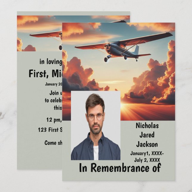 Memorial Service Pilot Aeroplane Flying Sunset Invitation (Front/Back)