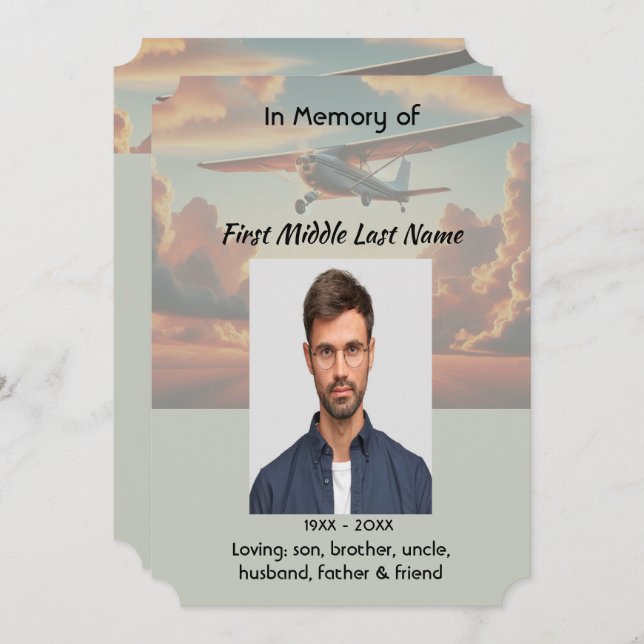 Memorial Service Pilot Airplane Flying Sunset Invitation (Front/Back)
