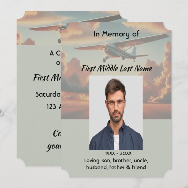 Memorial Service Pilot Airplane Flying Sunset Invitation (Front/Back)