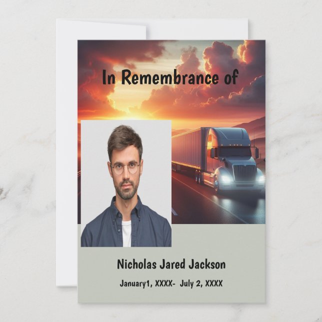 Memorial Service Pilot Semi-Truck Tractor-trailer  Invitation (Front)