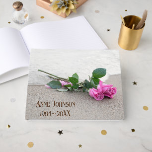 Memorial Service Pink Roses On Beach Sand Guest Book