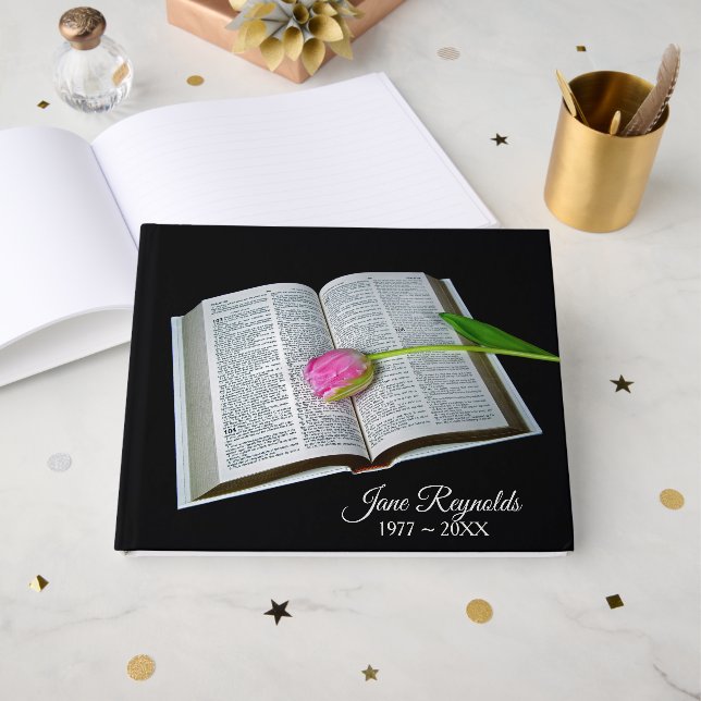 Memorial Service Pink Tulip on Holy Bible Guest Book (Front Open)