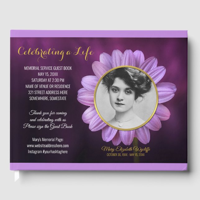 Memorial Service Purple Daisy Gold Photo Frame Guest Book (Front)